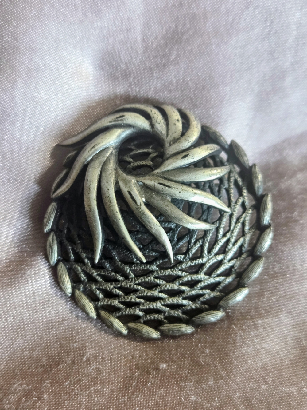 Textured Silver-Tone Spiral Medallion Brooch